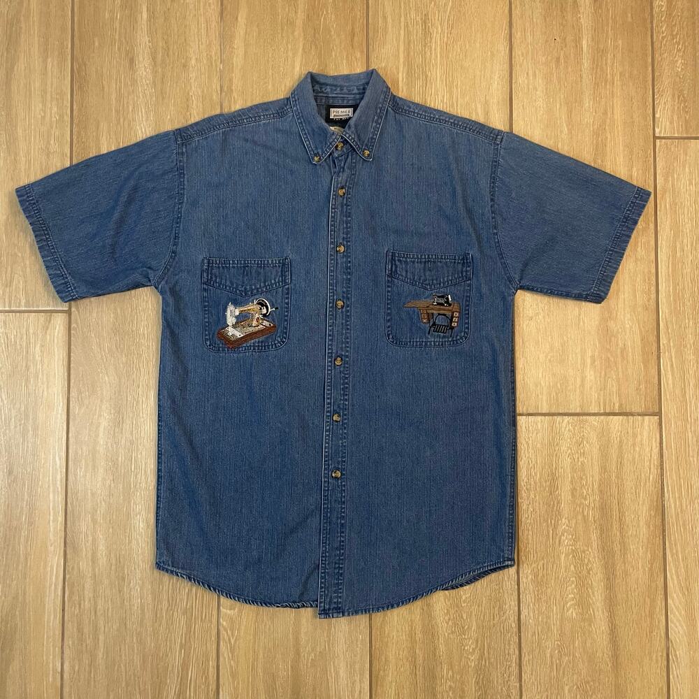 Men’s Y2K Denim Button Up Shirt Sewing Machine Embroidery Craft Theme